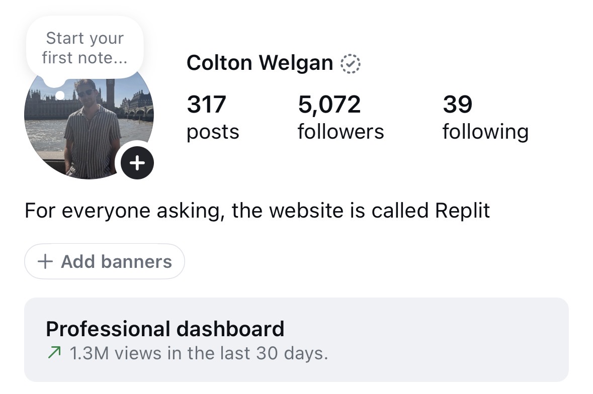 Colton Welgan's Instagram at 5,072 followers, 317 posts, with 1.3M views in the last 30 days