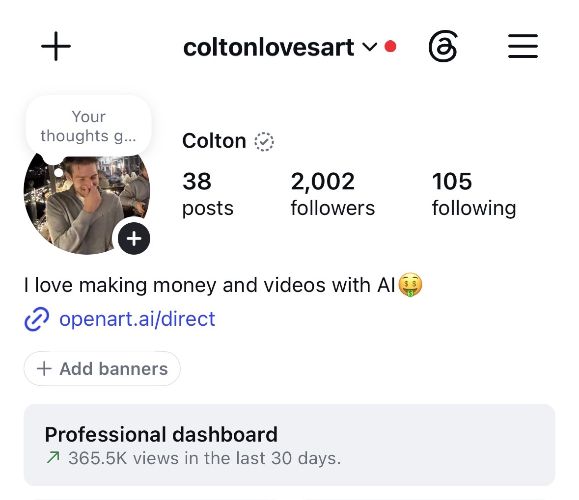 @coltonlovesart Instagram at 2,002 followers, 38 posts, with 365.5K views in the last 30 days